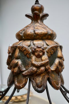 Wonderful Italian Wrought Iron and Wood Cherubs Putti Violin Chandelier Fixture