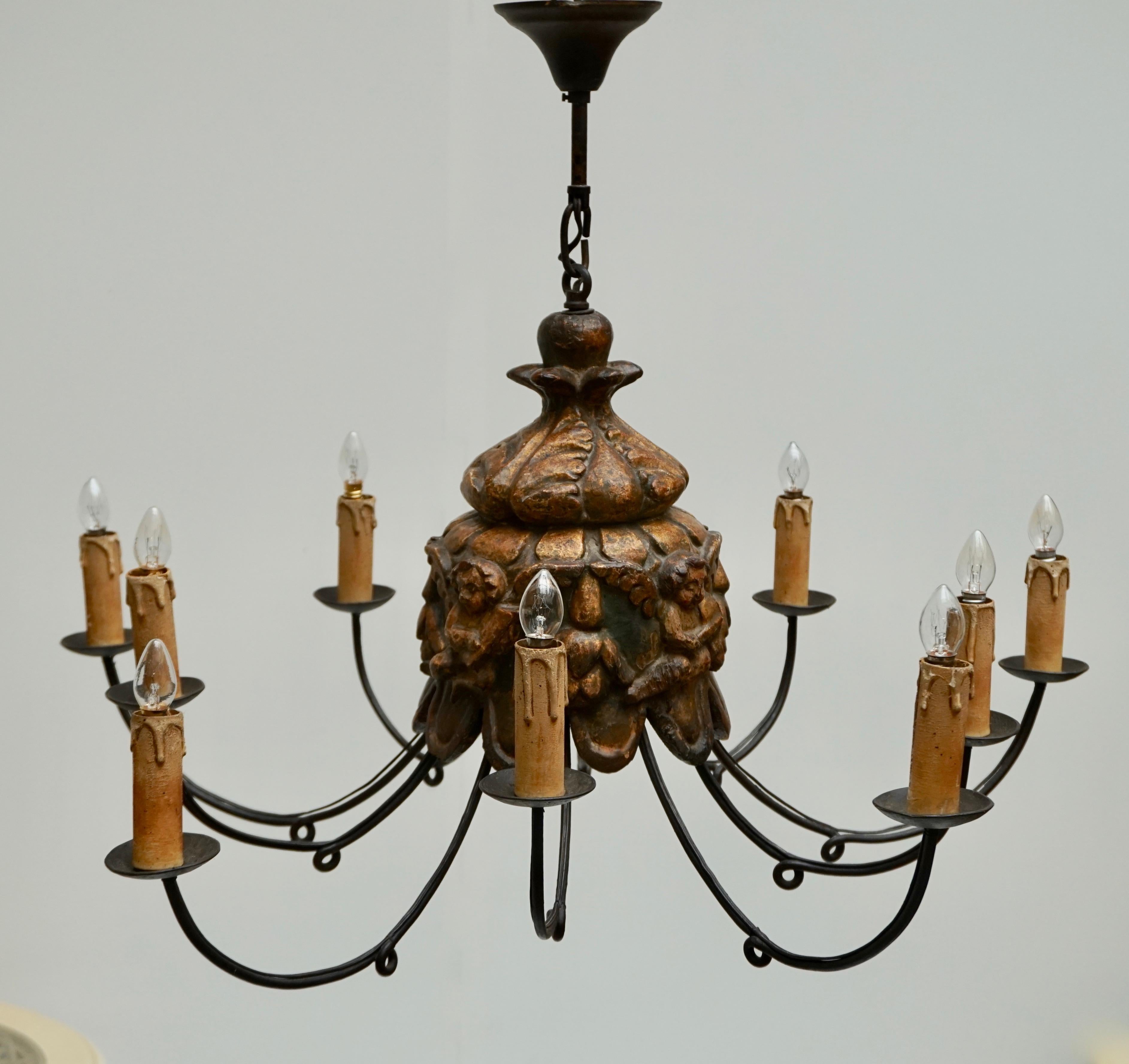 Hollywood Regency Wonderful Italian Wrought Iron and Wood Cherubs Putti Violin Chandelier Fixture  For Sale