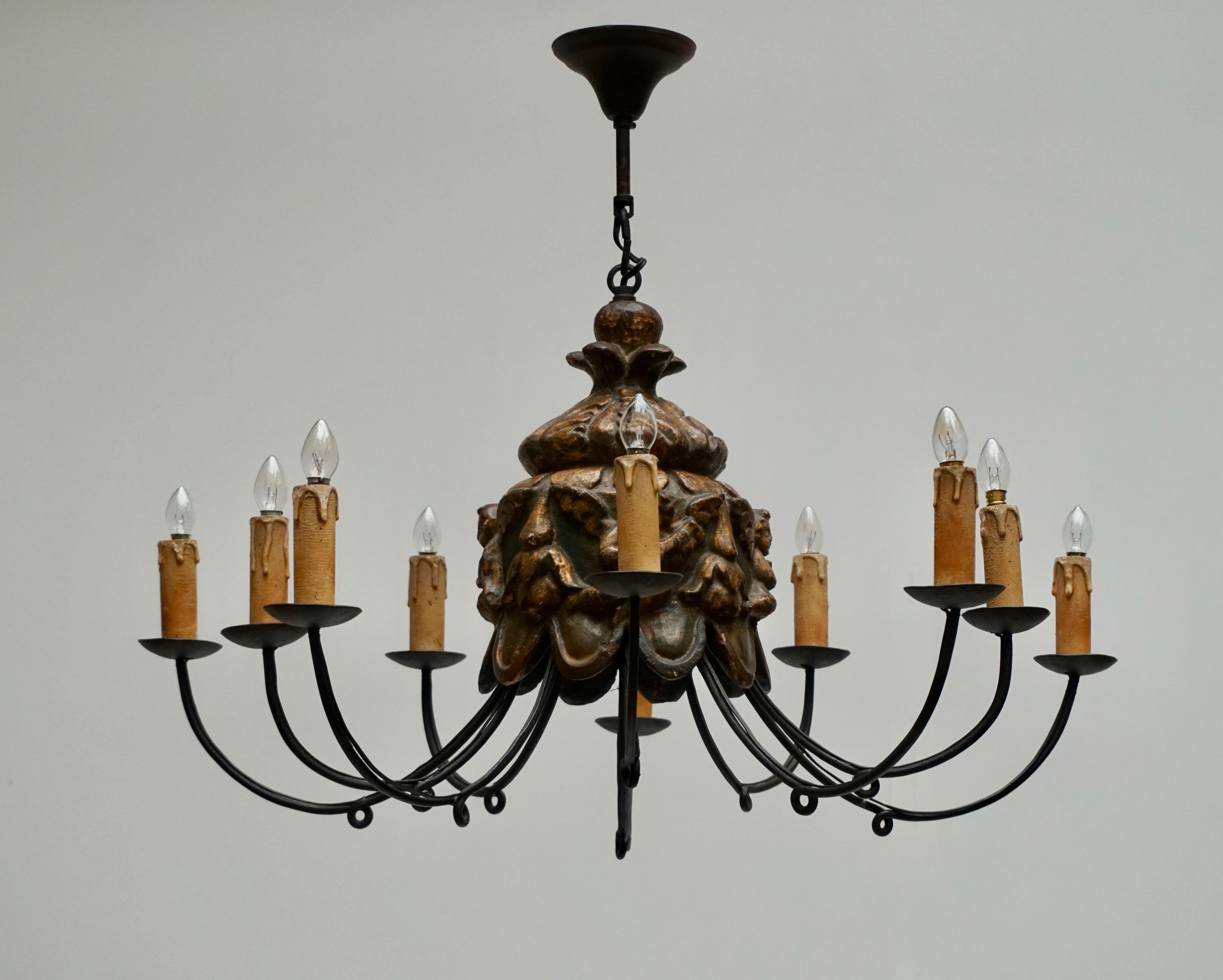 19th Century Wonderful Italian Wrought Iron and Wood Cherubs Putti Violin Chandelier Fixture