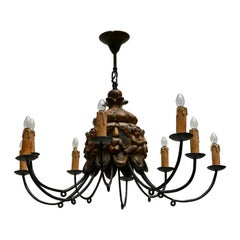 Antique Wonderful Italian Wrought Iron and Wood Cherubs Putti Violin Chandelier Fixture 