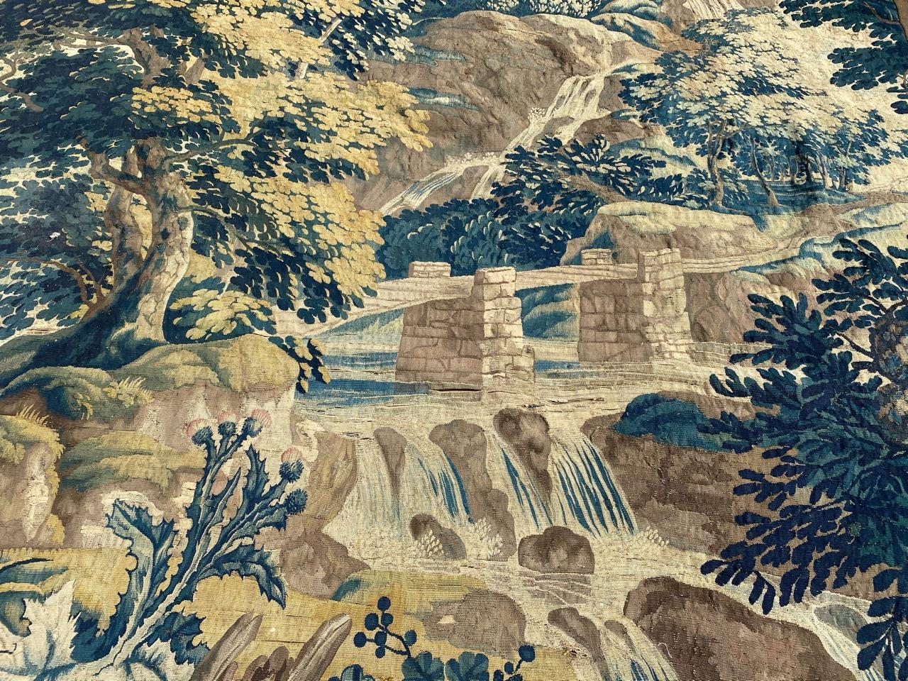 Luxurious 18th century Flamand tapestry with very beautiful design of nature, with a very pretty river that comes from the mountains. A pretty bridge, and at the top of the mountains, a castle. Two pretty pelicans in nature and trees, with nice