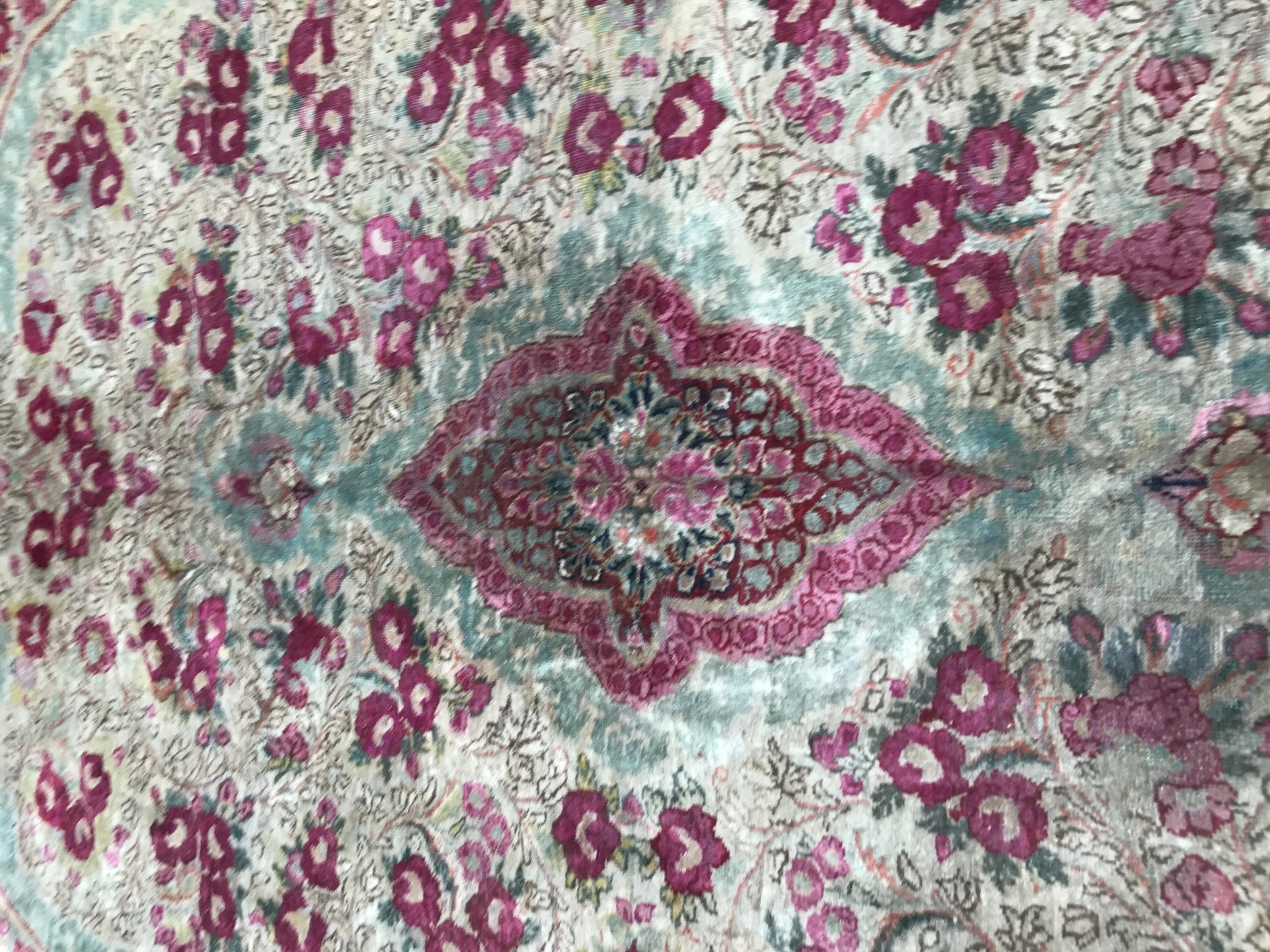 Beautiful large early 20th century rug with floral design Aubusson or Savonnerie style, and light green field and pink, yellow, green and blue, entirely hand knotted with wool velvet on cotton foundation.

✨✨✨
