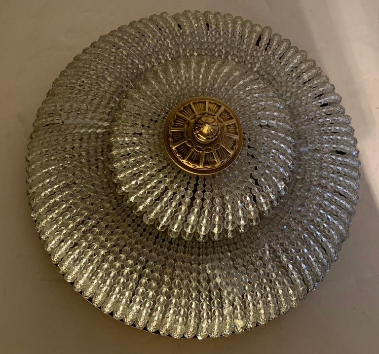 Wonderful Large Beaded Crystal Basket Flush Mount Brass TwoTier Light