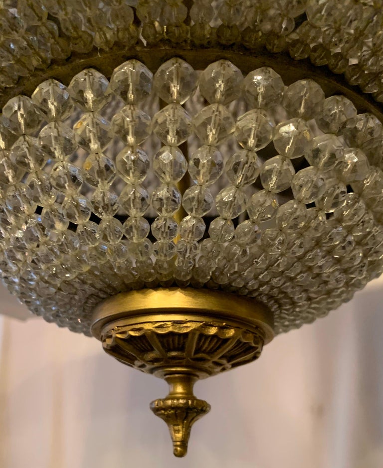 Wonderful Large Beaded Crystal Basket Flush Mount Brass TwoTier Light