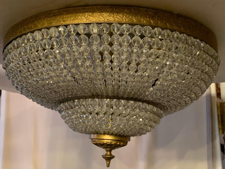 Wonderful Large Beaded Crystal Basket Flush Mount Brass TwoTier Light Fixture at 1stDibs