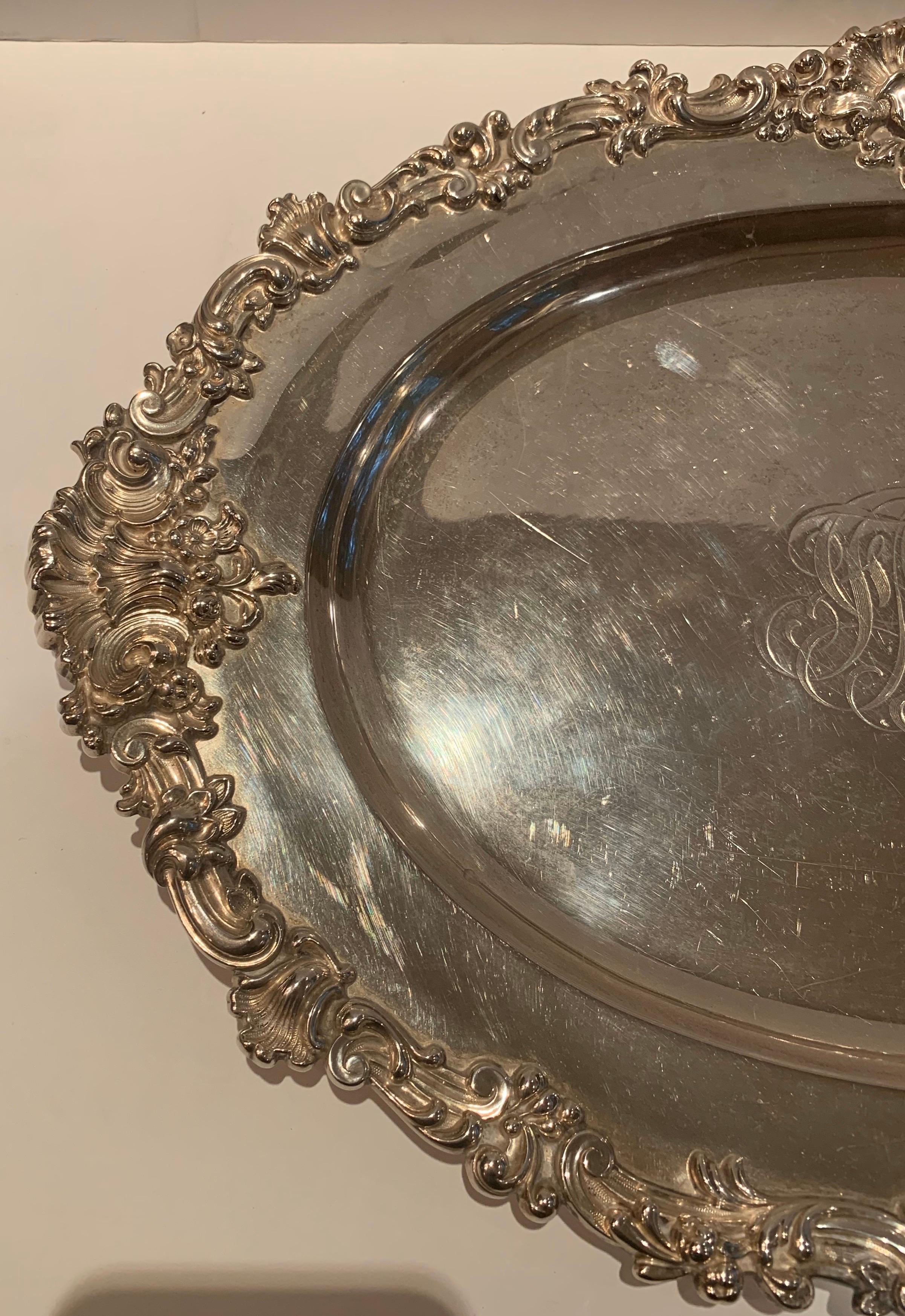 Wonderful Large Black Starr Frost Belle Époque Oval Sterling Silver Tray Platter In Good Condition In Roslyn, NY
