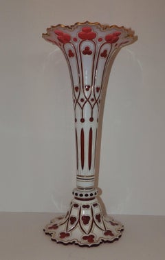 Wonderful Large Bohemian Gilt White Red Cut Crystal Glass Vase Gold Gilt Clover