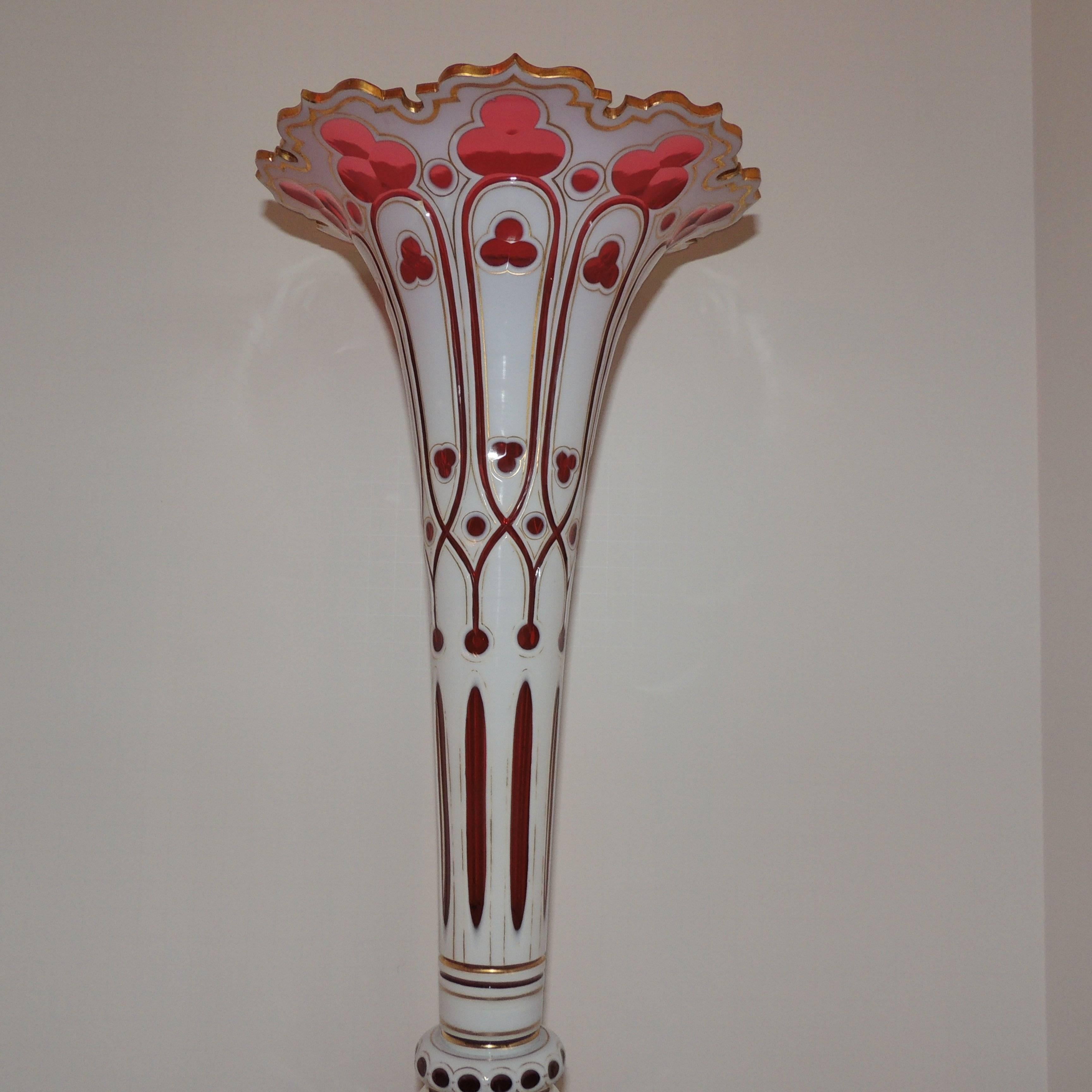 Hand-Crafted Wonderful Large Bohemian Gilt White Red Cut Crystal Glass Vase Gold Gilt Clover For Sale