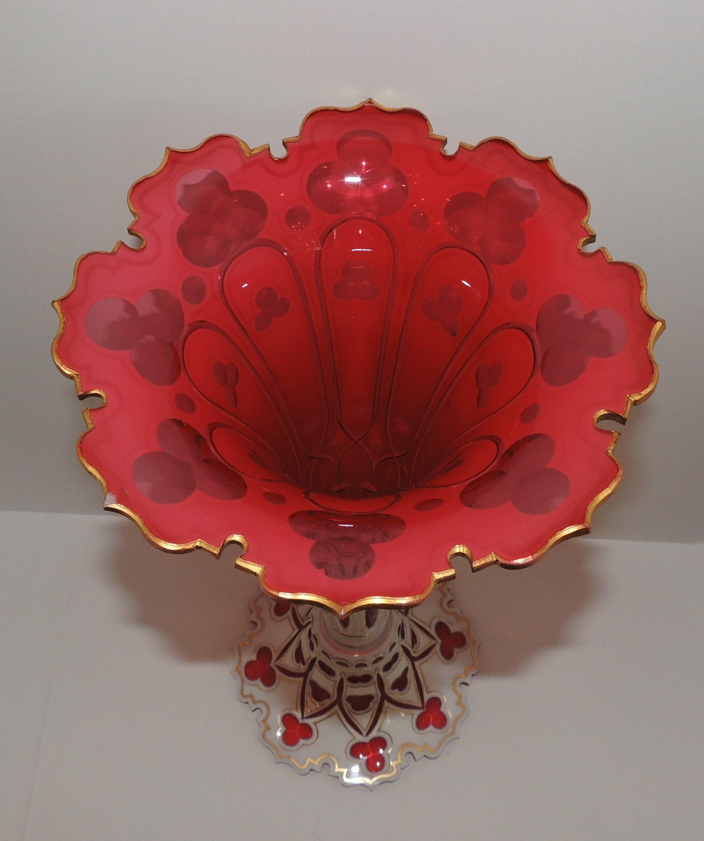 Wonderful Large Bohemian Gilt White Red Cut Crystal Glass Vase Gold Gilt Clover In Good Condition For Sale In Roslyn, NY