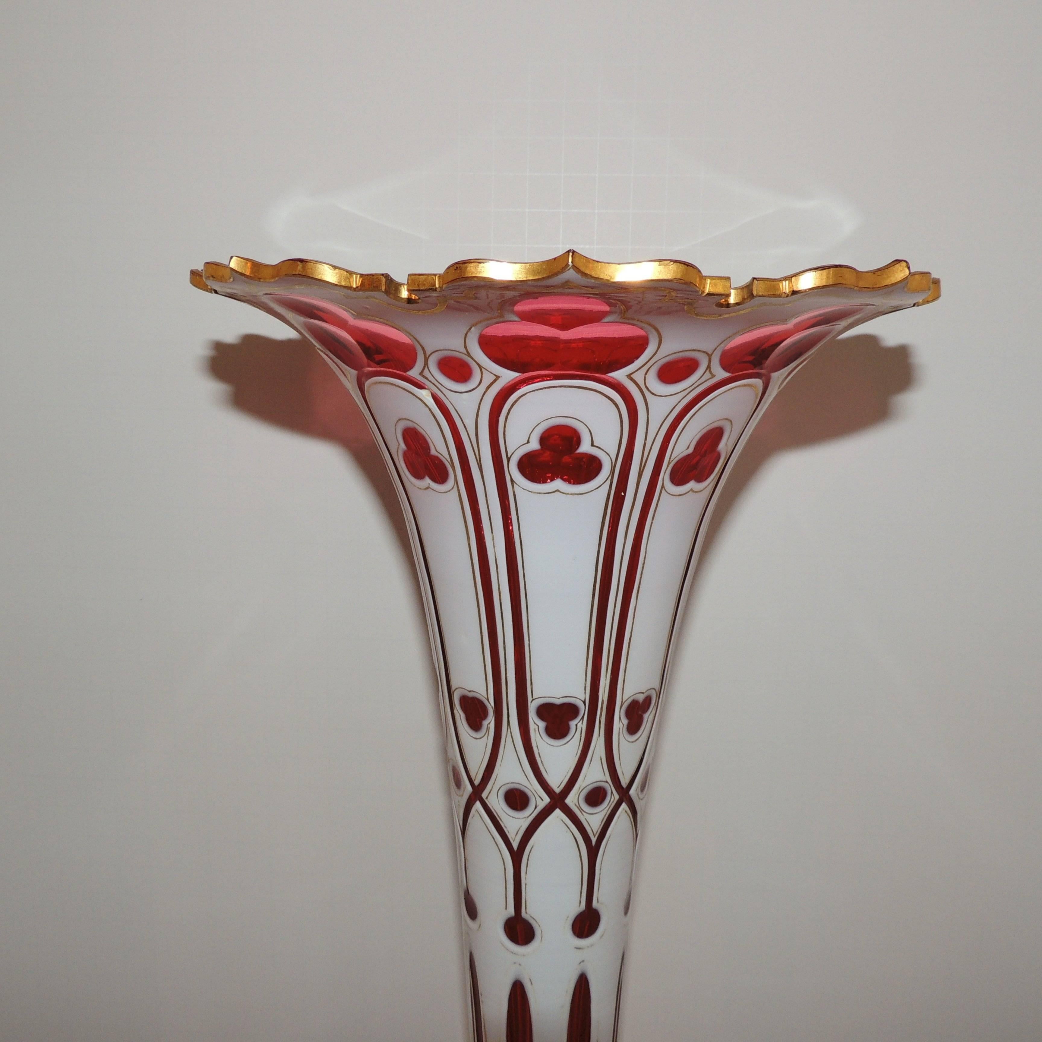Mid-20th Century Wonderful Large Bohemian Gilt White Red Cut Crystal Glass Vase Gold Gilt Clover For Sale