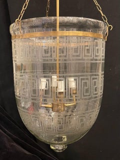 Wonderful Large Brass Blown Etched Glass Greek Key Bell Jar Lantern Six Fixtures