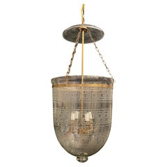 Wonderful Large Brass Blown Etched Glass Greek Key Bell Jar Lantern Six Fixtures