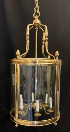Wonderful Large Brass Bronze Regency Lantern Neoclassical Fixture Curved Glass