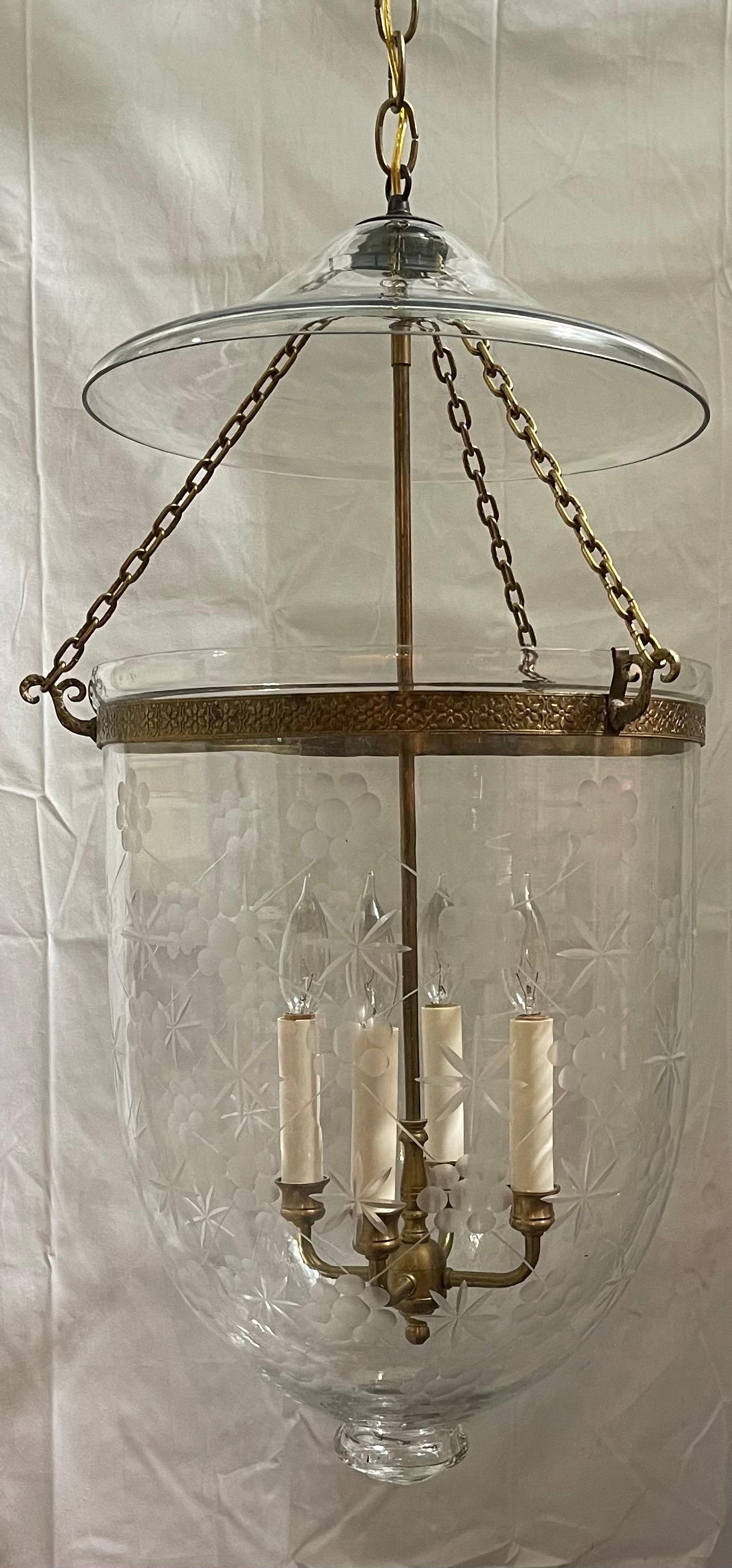 A Wonderful Large Bronze With Blown Etched Glass Star Bell Jar  Lantern Fixture With A 4-Light Candelabra Cluster, Accompanied By Chain And Canopy.