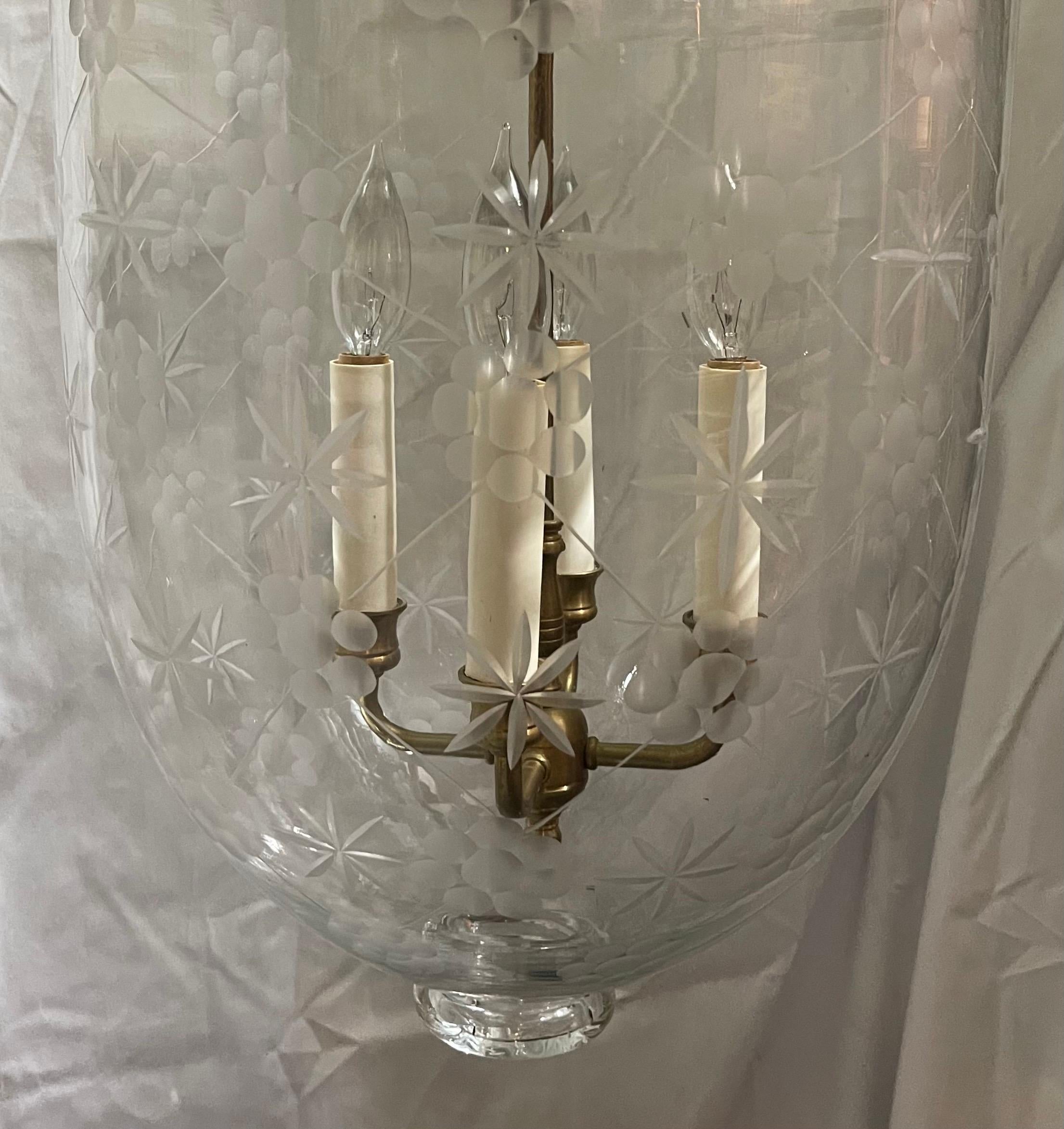 Regency Wonderful Large Bronze Blown Etched Glass Star Bell Jar 4-Light Lantern Fixture