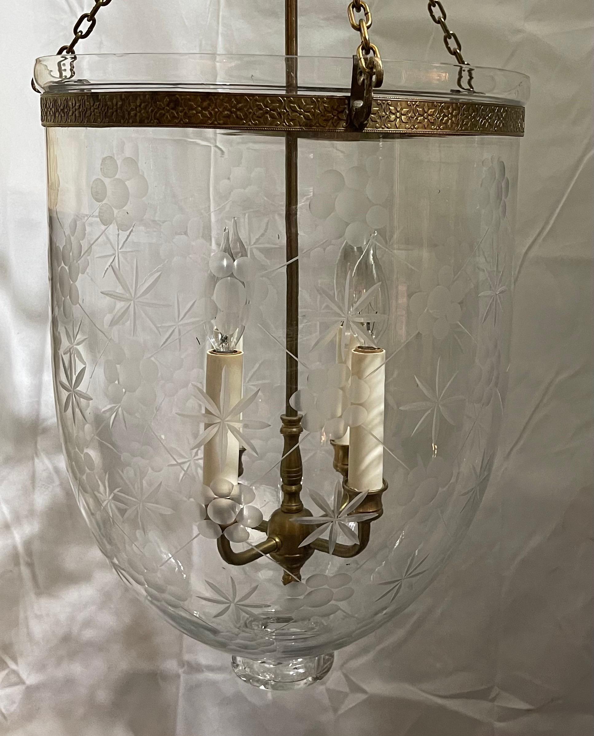 Wonderful Large Bronze Blown Etched Glass Star Bell Jar 4-Light Lantern Fixture In Good Condition In Roslyn, NY