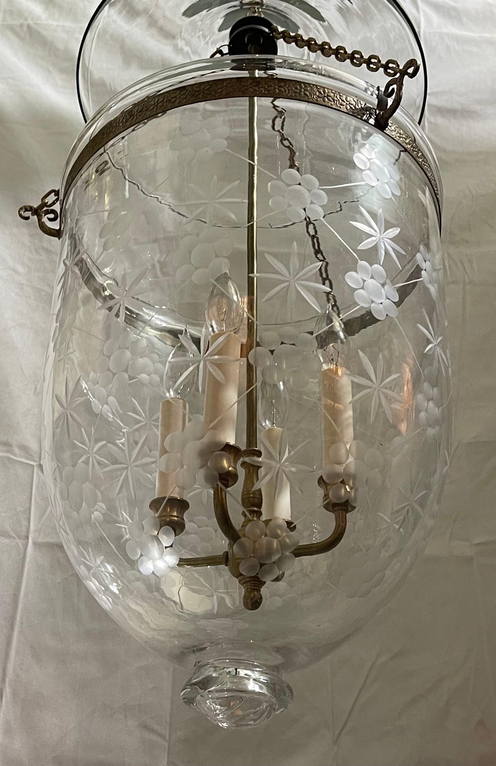 20th Century Wonderful Large Bronze Blown Etched Glass Star Bell Jar 4-Light Lantern Fixture