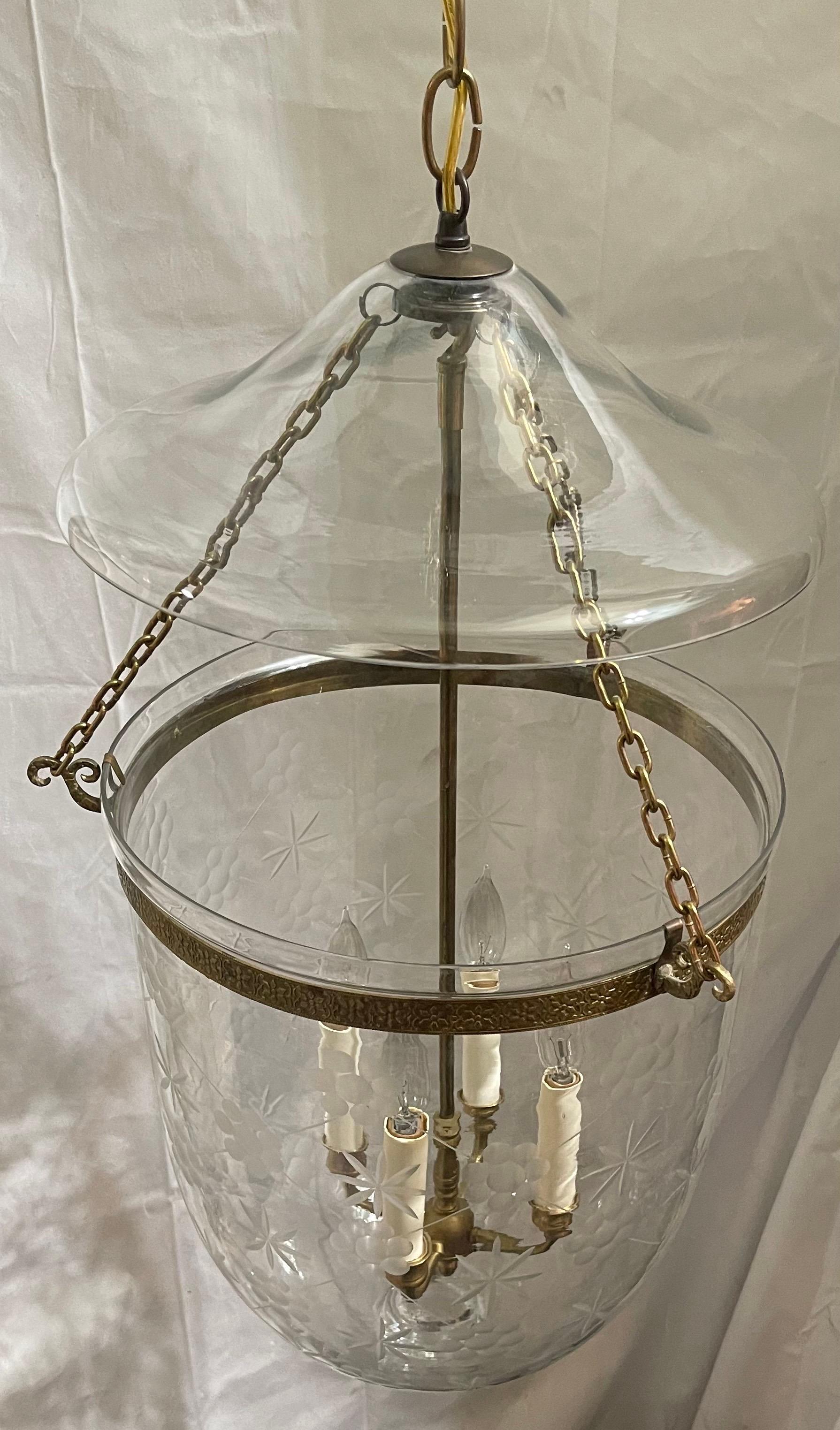 Wonderful Large Bronze Blown Etched Glass Star Bell Jar 4-Light Lantern Fixture 1