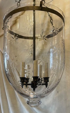 Wonderful Large Bronze Blown Etched Glass Star Bell Jar 5-Light Lantern Fixture