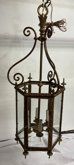 Wonderful Large Bronze Hexagon Glass Panel Regency Lantern Chandelier Fixture