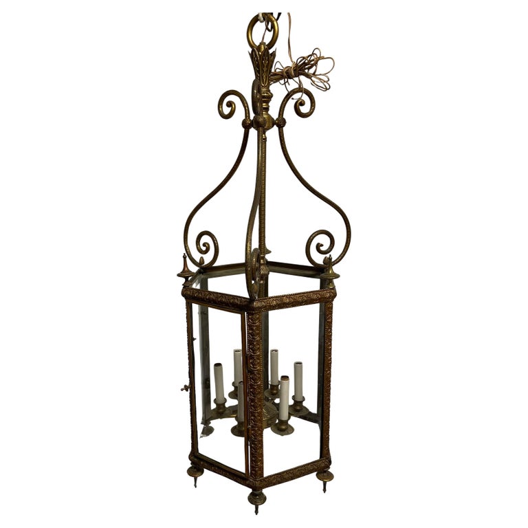 Unusual Large Hexagonal Shaped Bronze Lantern with Shaped Beveled Glass Panels Unusual Large Hexagonal Shaped Bronze Lantern with Shaped Beveled Glass Panels