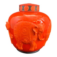 Merveilleux grand pot à gingembre Coral Orange Rouge Jean Boggio Franz Éléphant en porcelaine