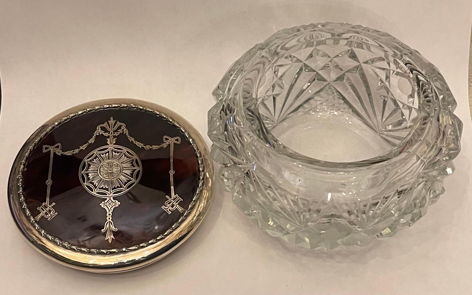 Victorian Wonderful Large Cut Crystal Sterling Silver Tortoise Shell Vanity Jar Powder Box For Sale