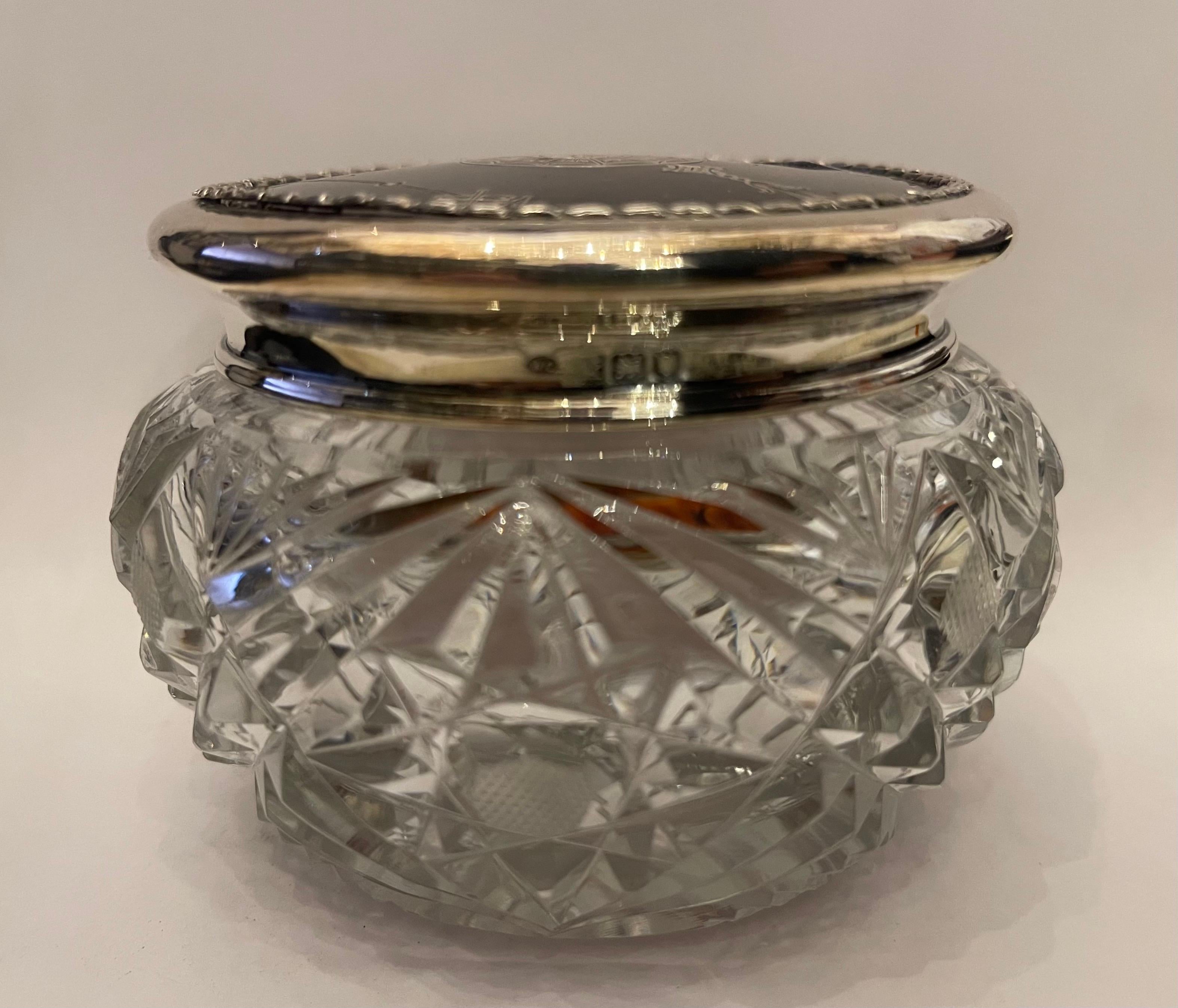 Faceted Wonderful Large Cut Crystal Sterling Silver Tortoise Shell Vanity Jar Powder Box For Sale