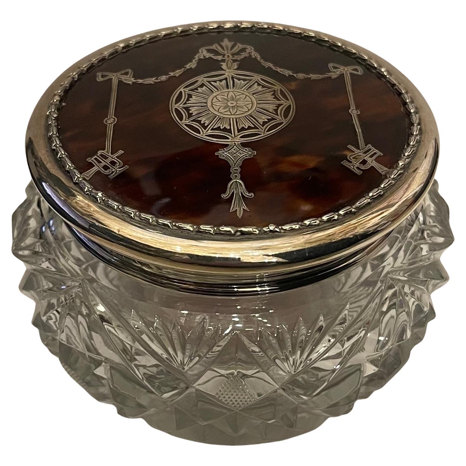 Wonderful Large Cut Crystal Sterling Silver Tortoise Shell Vanity Jar Powder Box