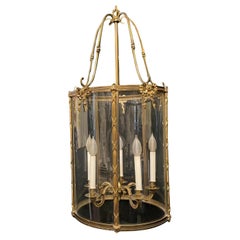 Wonderful Large Doré Bronze Louis XVI Lantern Fixture Curved Glass Panels Bows