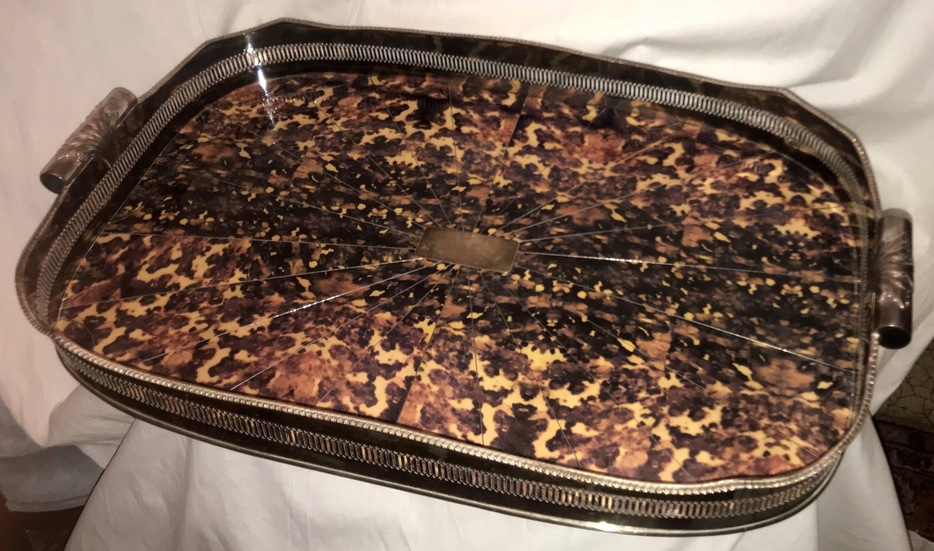 Mid-20th Century Wonderful Large English Faux Tortoise Shell Serving Silver Plated Gallery Tray