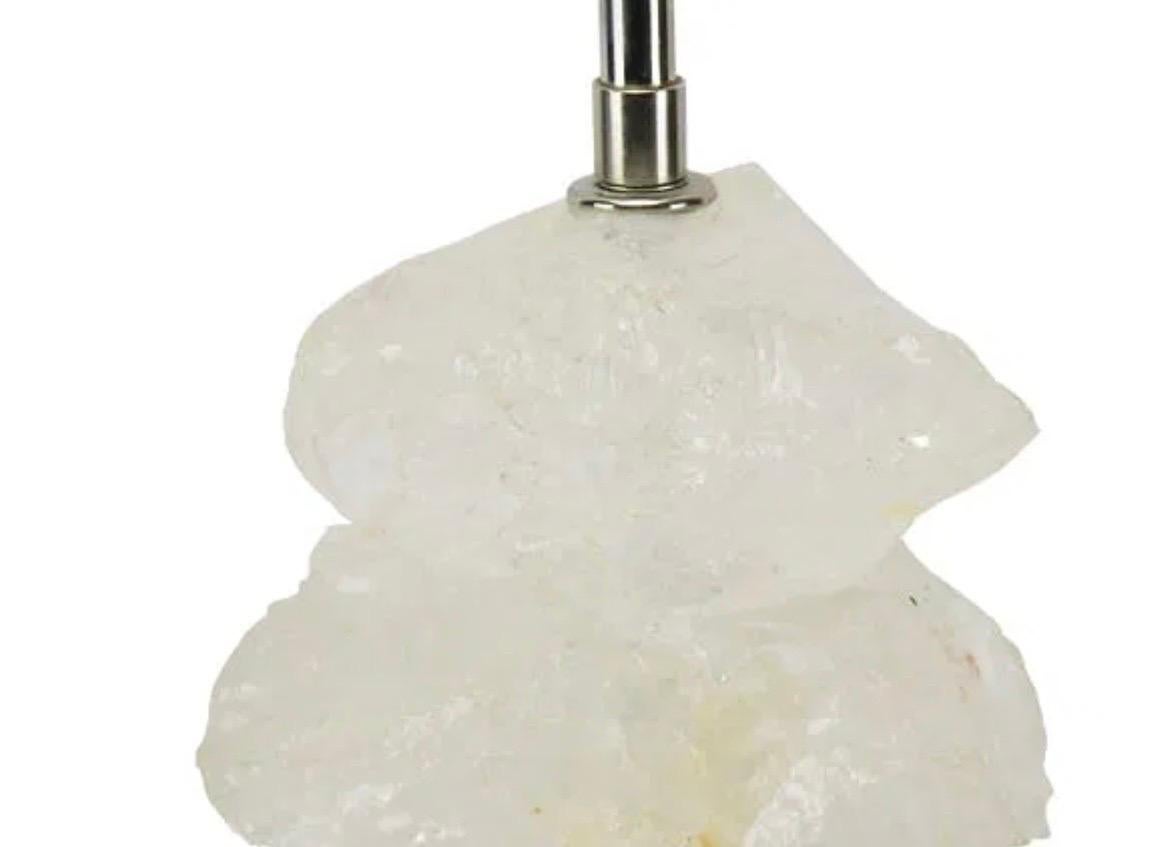A Wonderful Large Free Form Natural Polished Stack Rock Crystal On Polished Nickel Base And Two Edison Light Cluster Table Lamp 