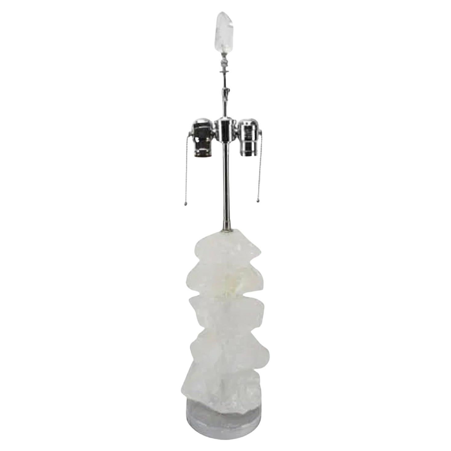 Wonderful Large Free Form Natural Polished Stack Rock Crystal Nickel Table Lamp For Sale