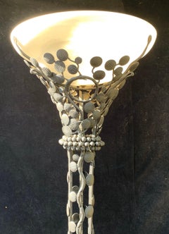 Wonderful Large French Art Deco Patinated Iron Alabaster Floor Lamp Torchère