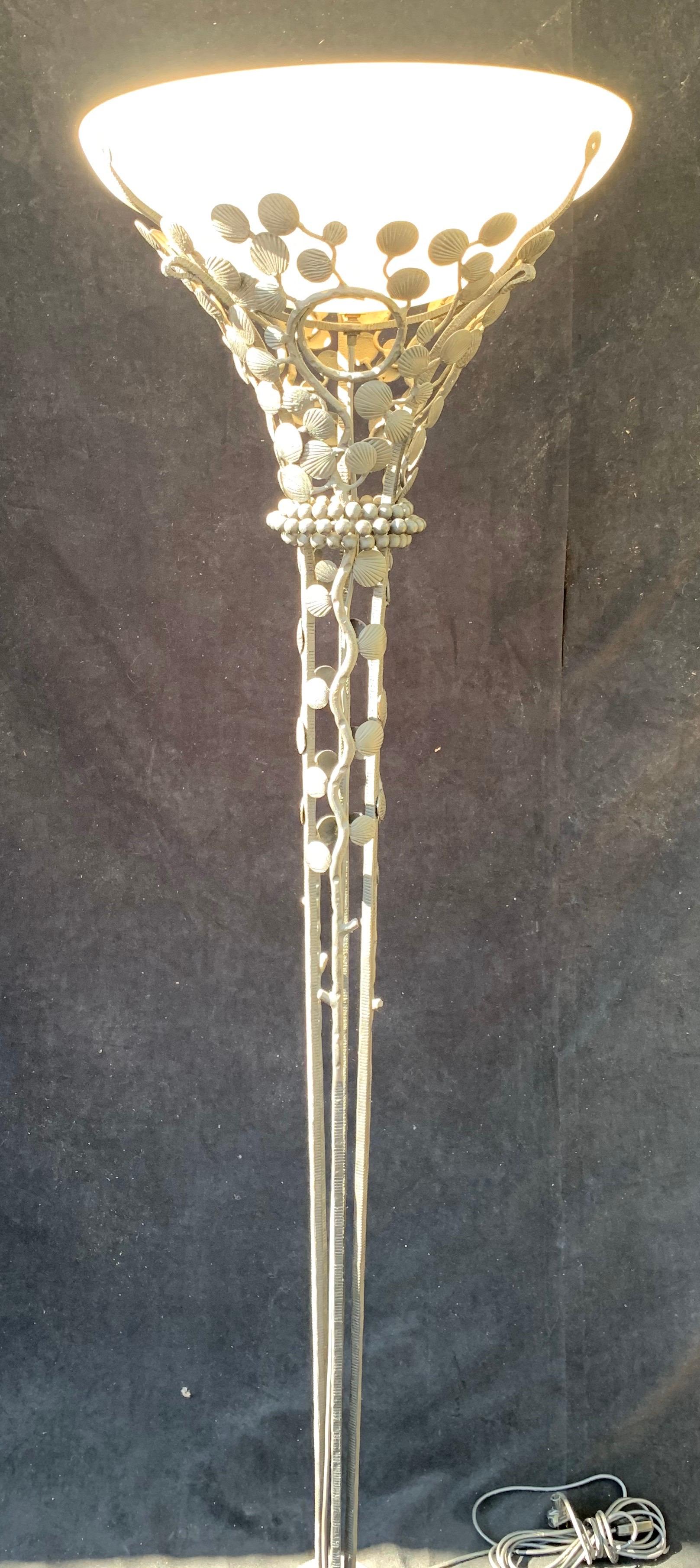 20th Century Wonderful Large French Art Deco Patinated Iron Alabaster Floor Lamp Torchère For Sale