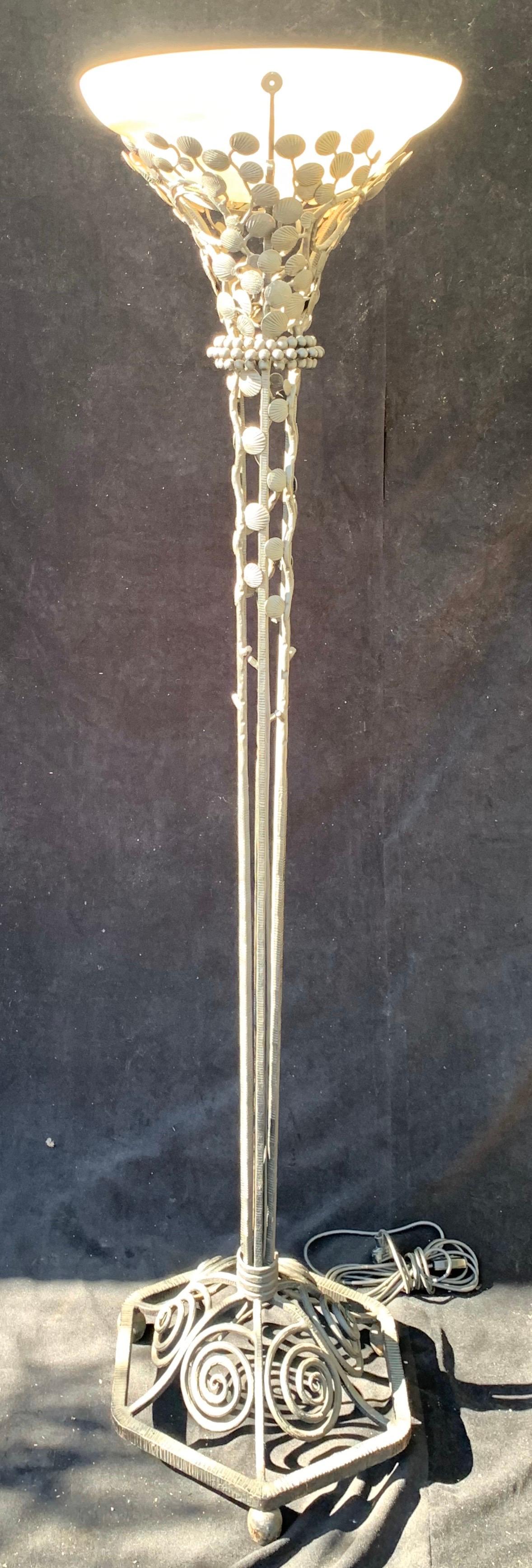 Wonderful Large French Art Deco Patinated Iron Alabaster Floor Lamp Torchère For Sale 1
