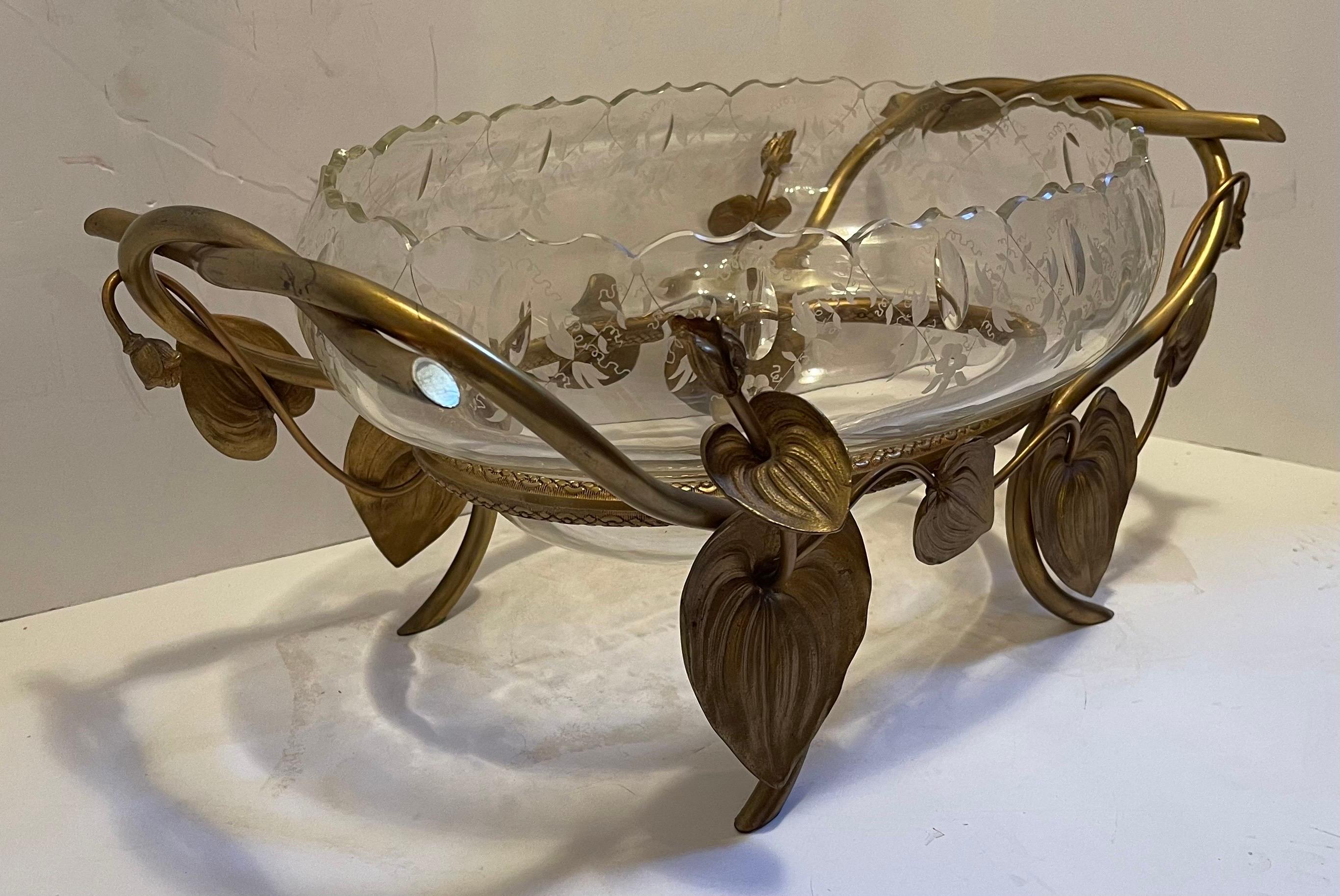 20th Century Wonderful Large French Art Nouveau Ormolu Bronze Oval Etched Crystal Centerpiece