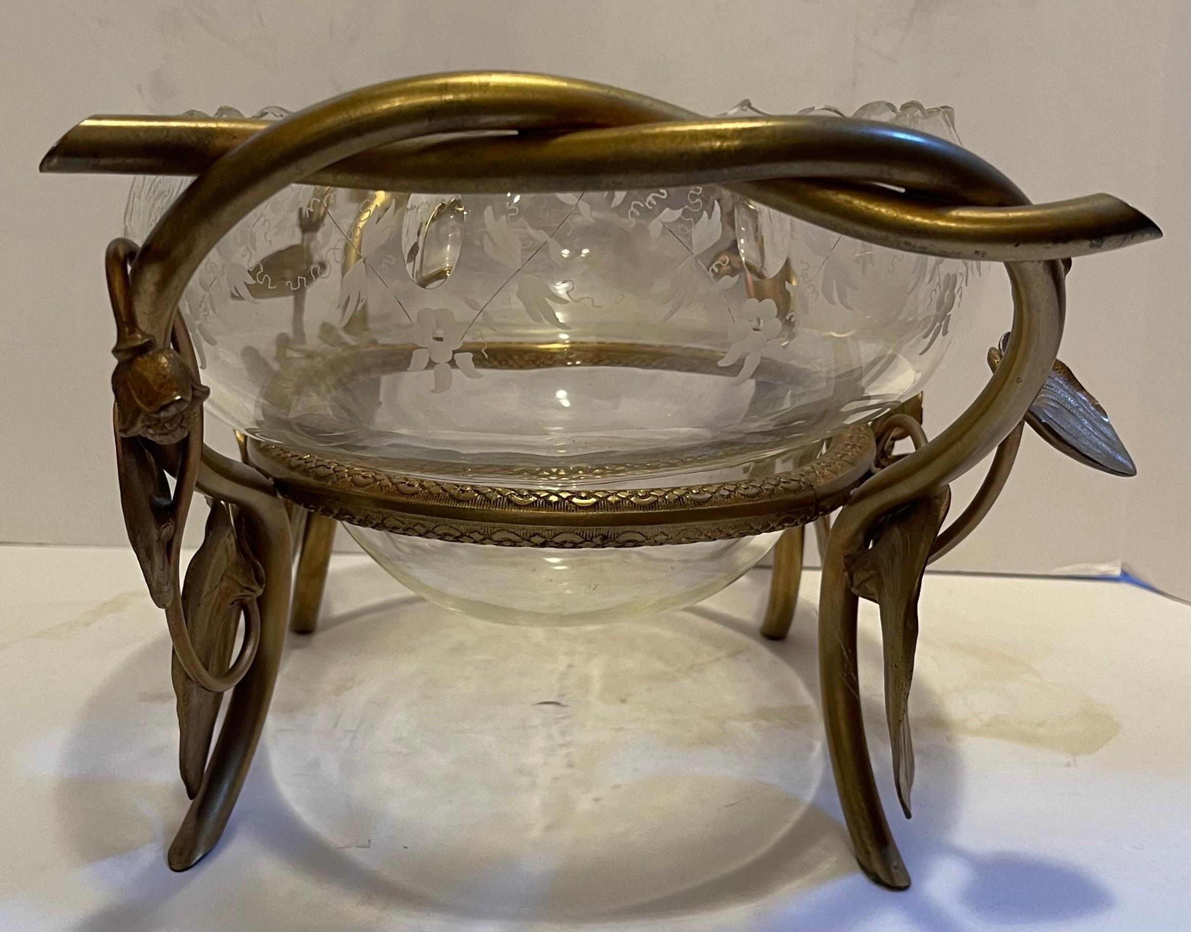 Wonderful Large French Art Nouveau Ormolu Bronze Oval Etched Crystal Centerpiece 1