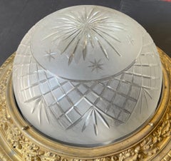 Wonderful Large French Bronze Louis XV Etched Glass Crystal Flush Mount Fixture