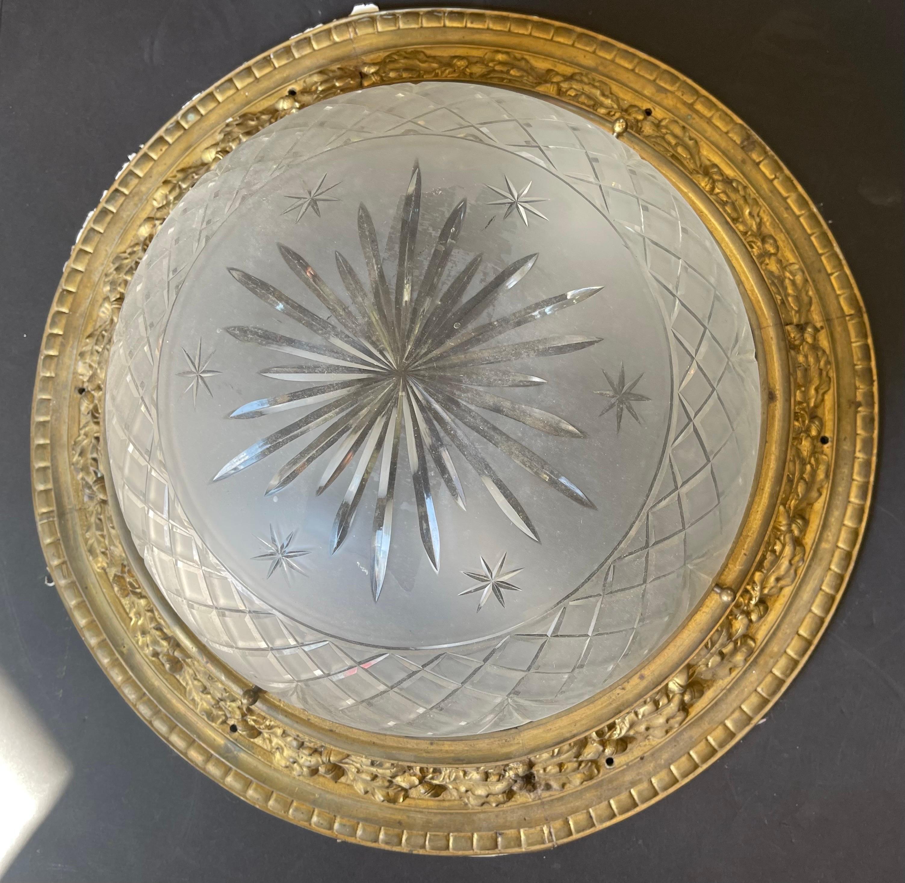 Wonderful Large French Bronze Louis XV Etched Glass Crystal Flush Mount Fixture In Good Condition For Sale In Roslyn, NY
