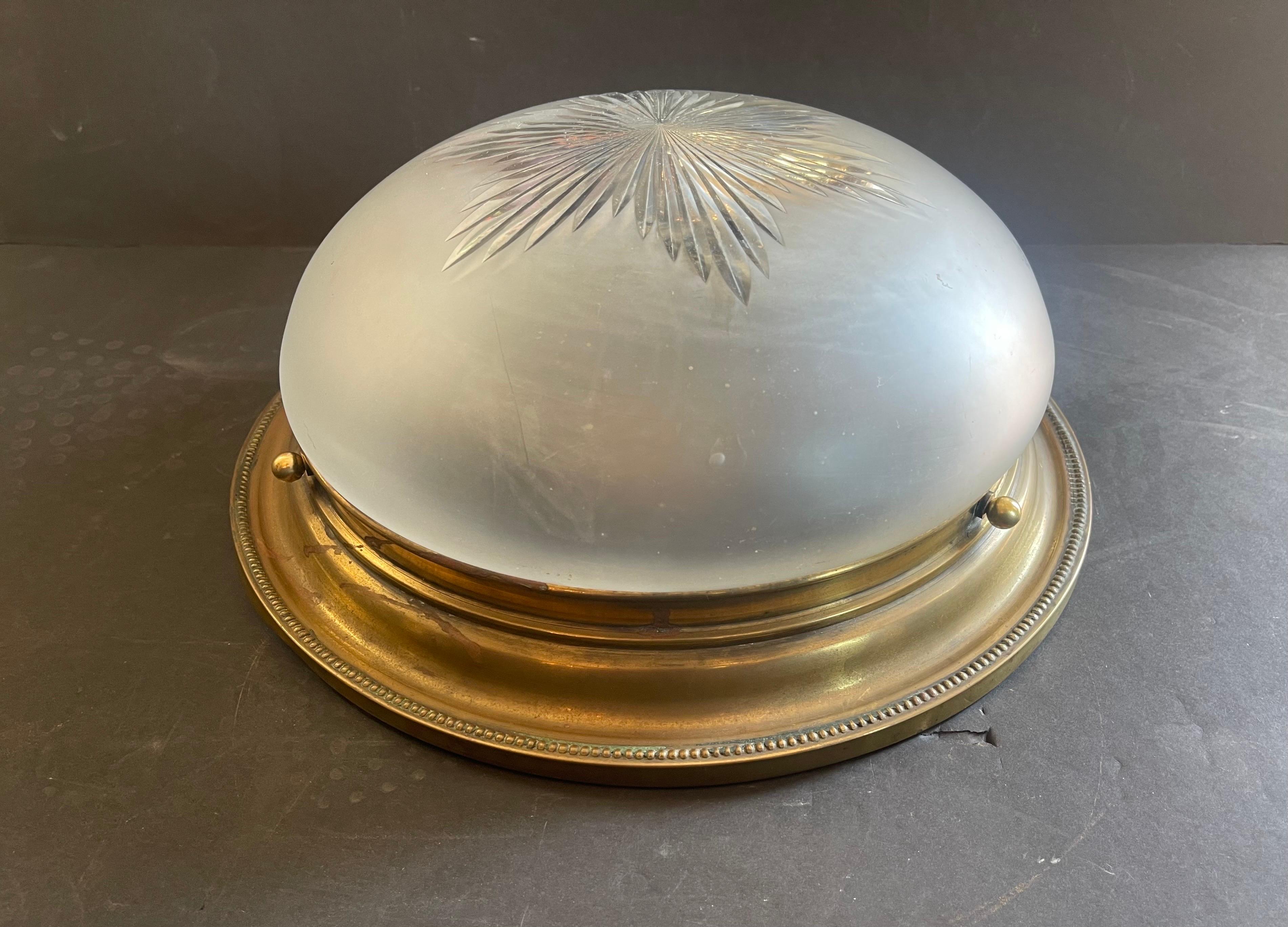 Regency Wonderful Large French Bronze Louis XV Etched Star Glass Flush Mount Fixture For Sale