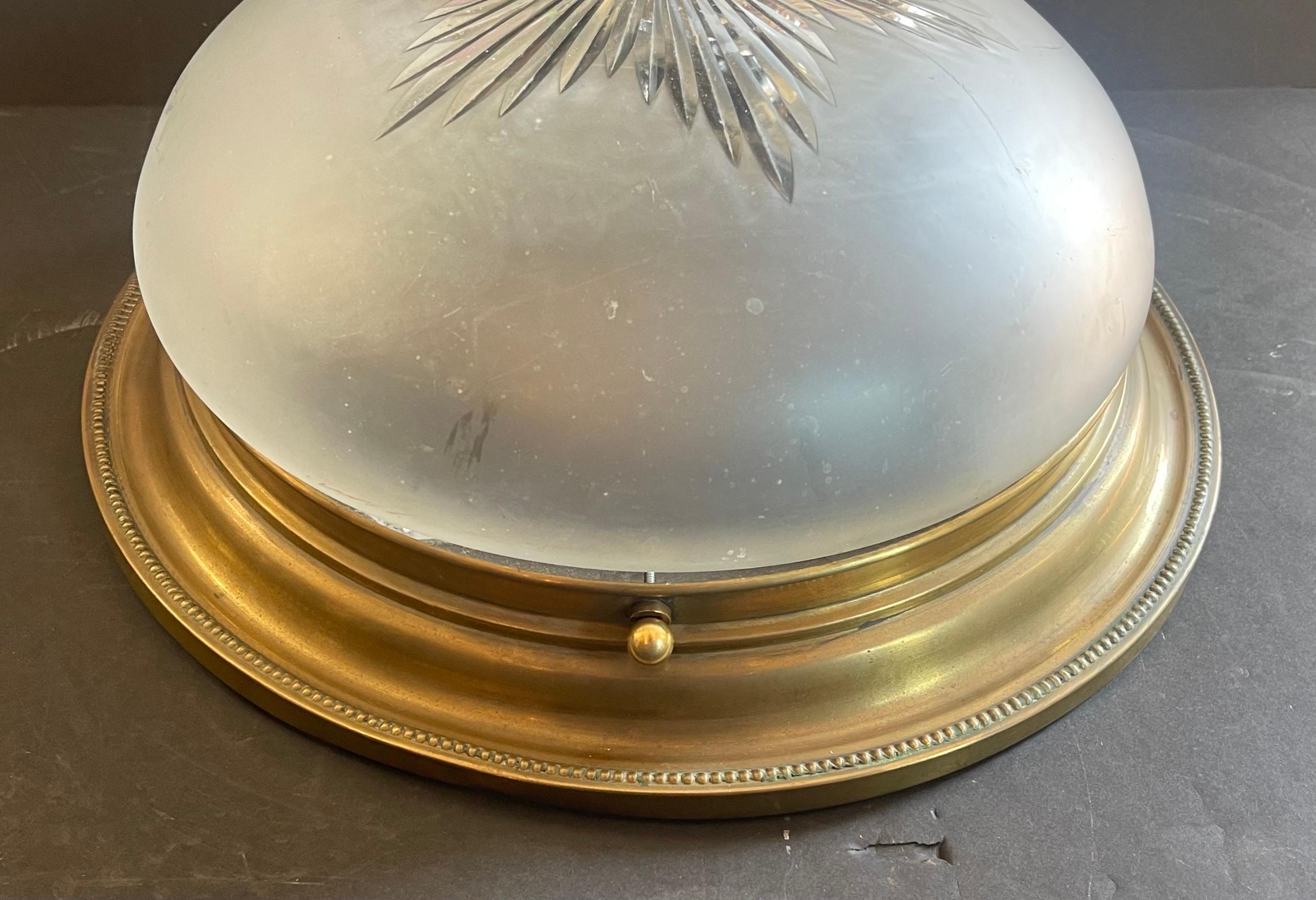 Wonderful Large French Bronze Louis XV Etched Star Glass Flush Mount Fixture In Good Condition For Sale In Roslyn, NY