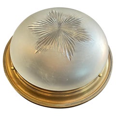 Wonderful Large French Bronze Louis XV Etched Star Glass Flush Mount Fixture