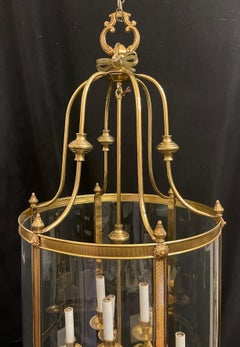 Wonderful Large French Bronze Regency Empire Curved Glass Panel Lantern Fixture