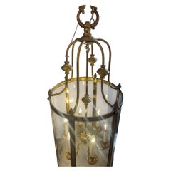 Wonderful Large French Bronze Regency Empire Curved Glass Panel Lantern Fixture