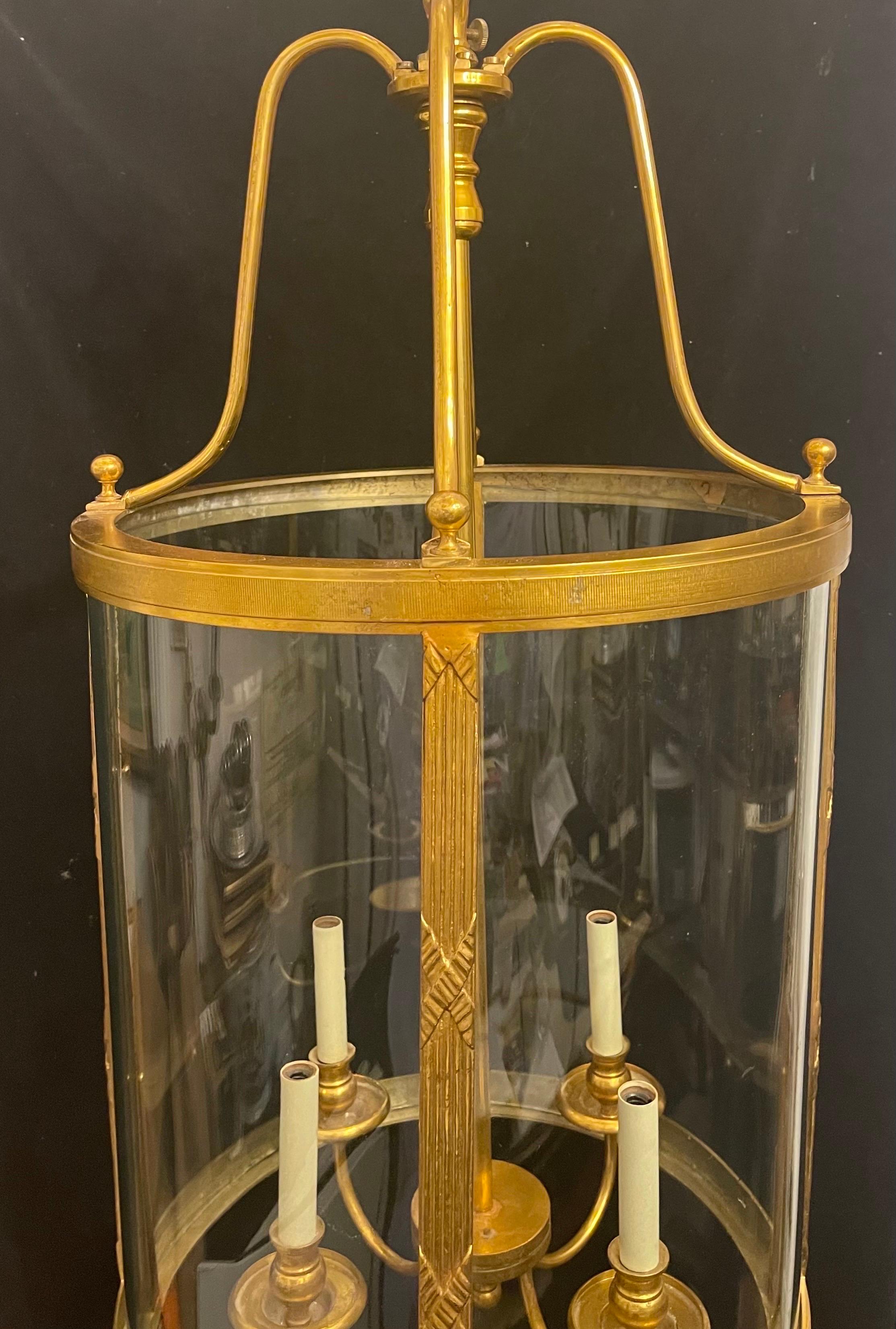 Neoclassical Wonderful Large French Bronze Regency Empire Curved Glass Panel Lantern Fixture For Sale