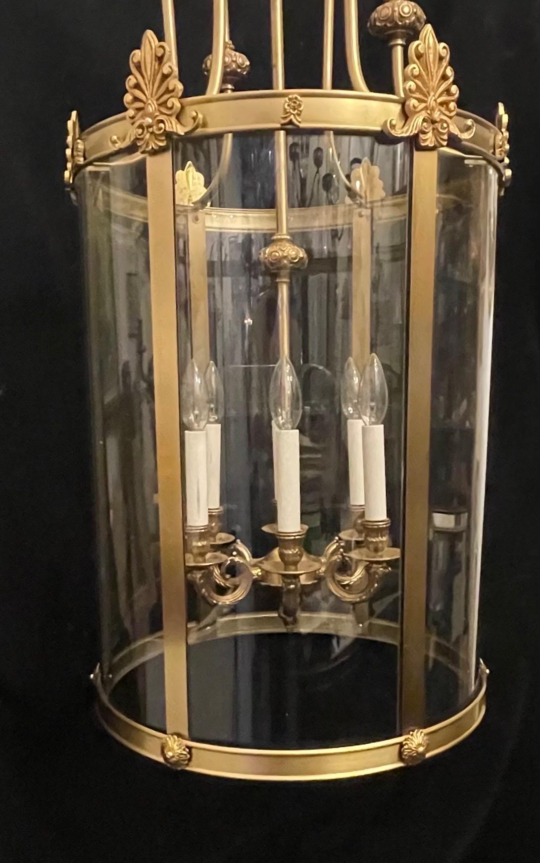 Wonderful Large French Bronze Regency Empire Curved Glass Panel Lantern Fixture In Good Condition For Sale In Roslyn, NY
