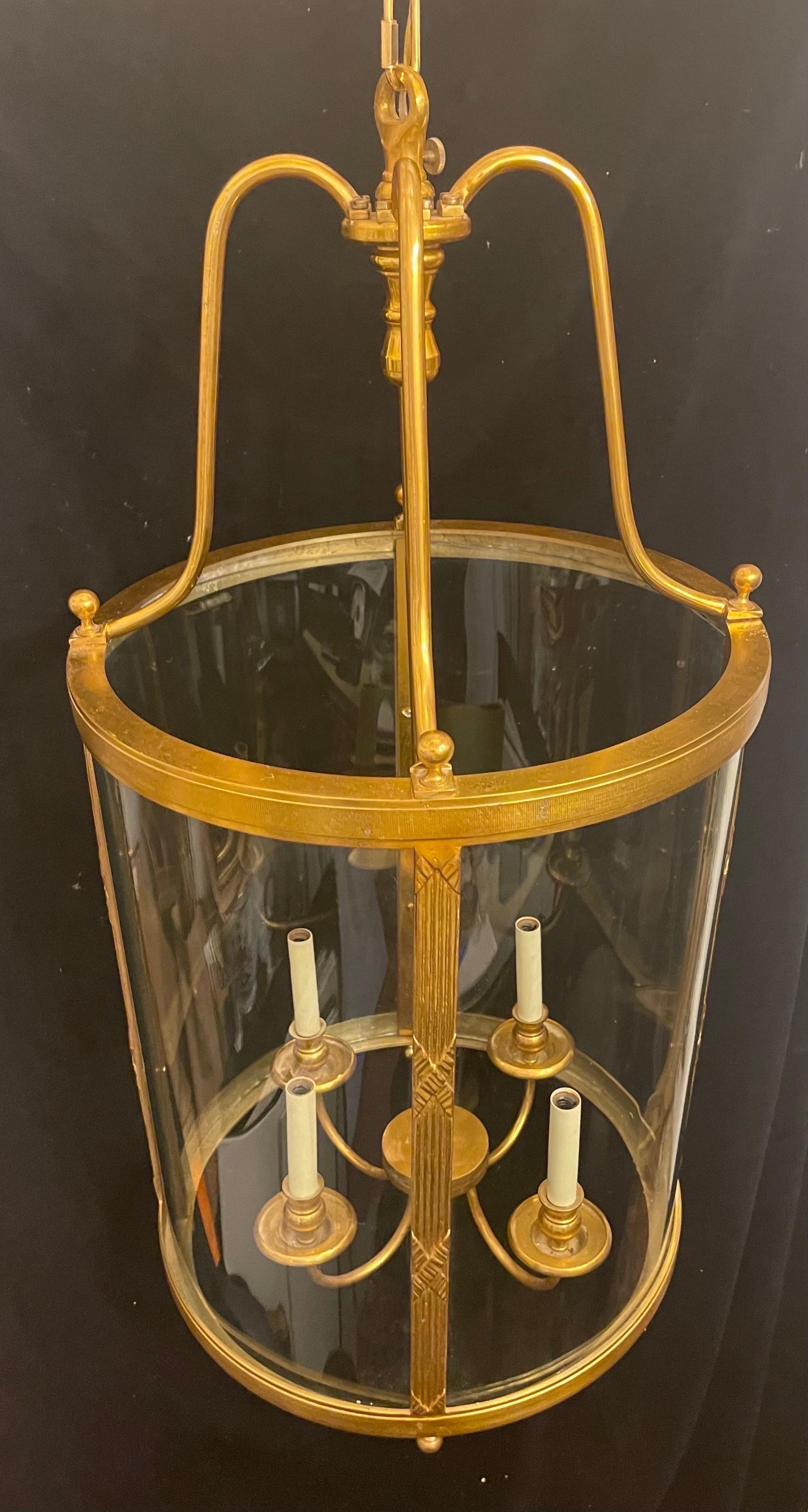 Gilt Wonderful Large French Bronze Regency Empire Curved Glass Panel Lantern Fixture For Sale