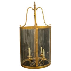 Vintage Wonderful Large French Bronze Regency Empire Curved Glass Panel Lantern Fixture