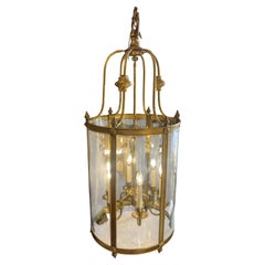 Wonderful Large French Bronze Regency Empire Curved Glass Panel Lantern Fixture